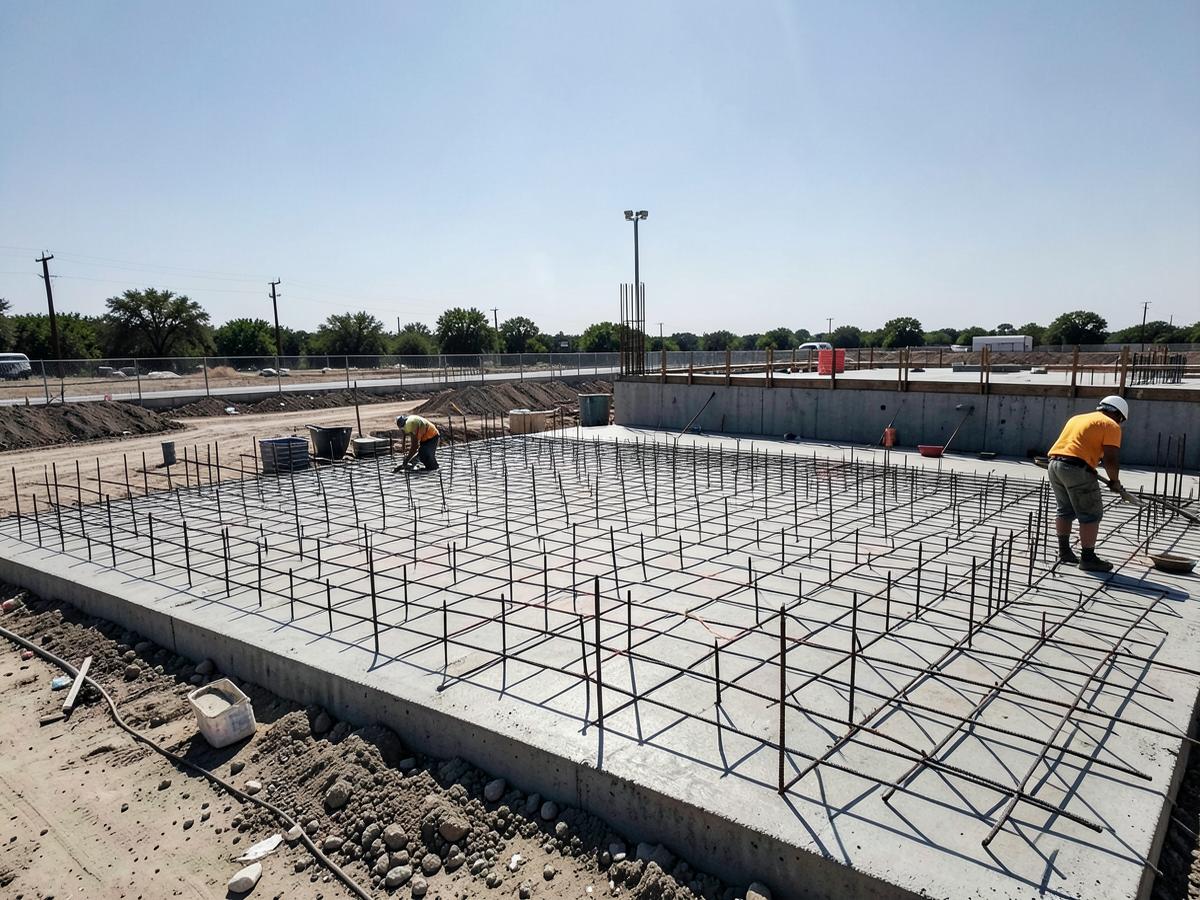 Reinforcing steel grid set on formwork before a commercial concrete slab pour