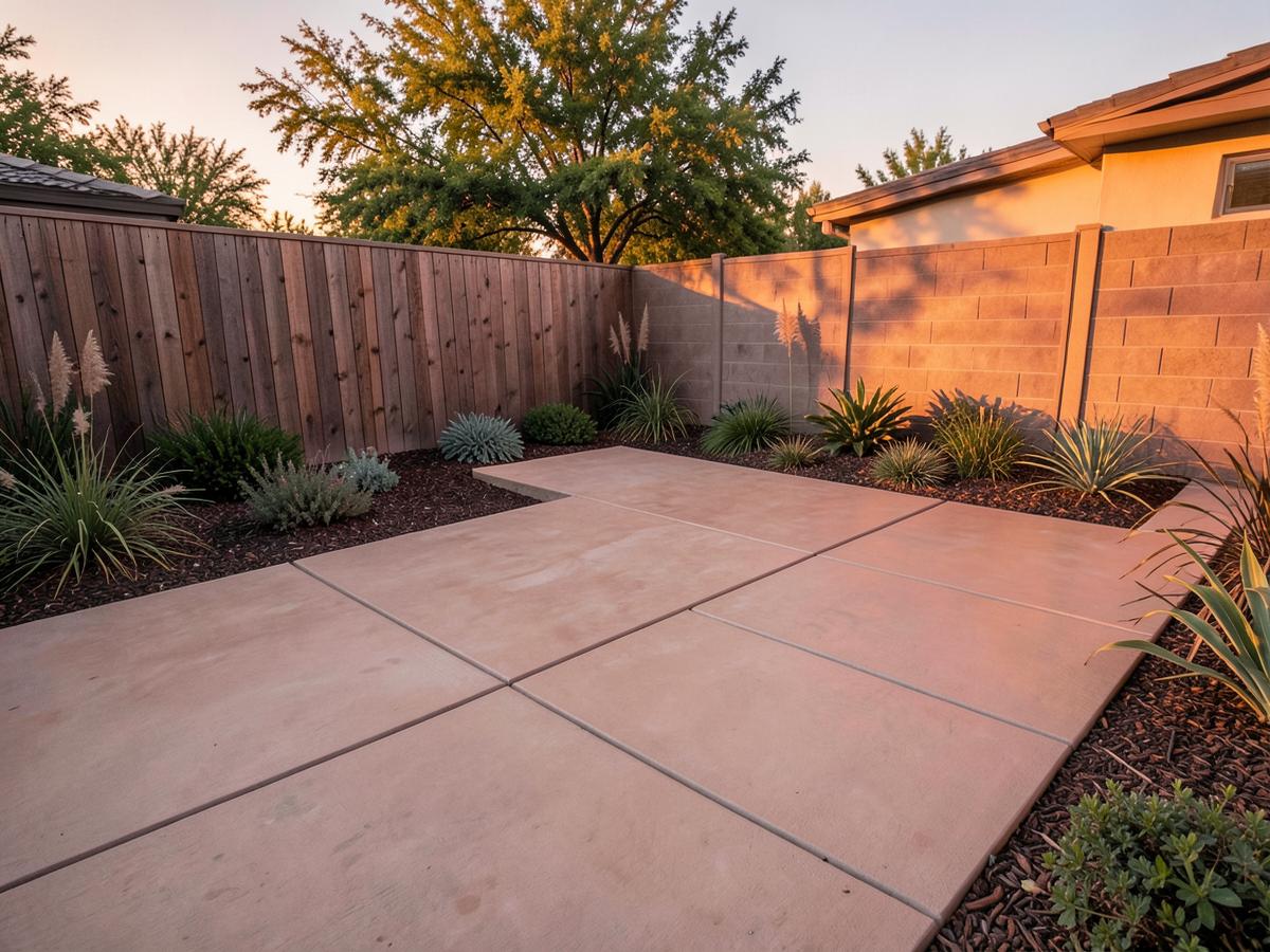 Smooth-finish concrete patio with saw-cut joints in an Austin backyard at dusk