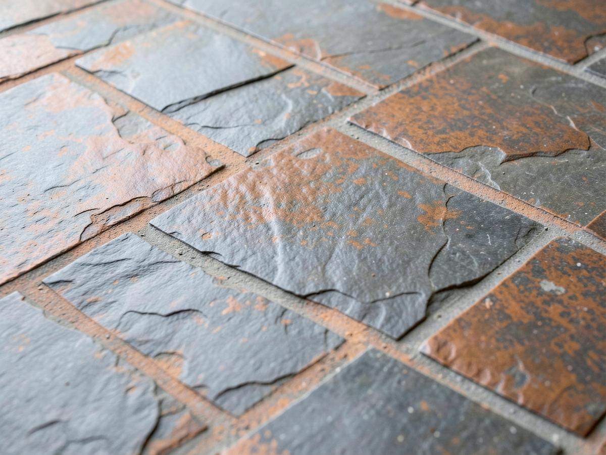 Close-up of stamped ashlar slate pattern concrete in gray and copper-brown tones